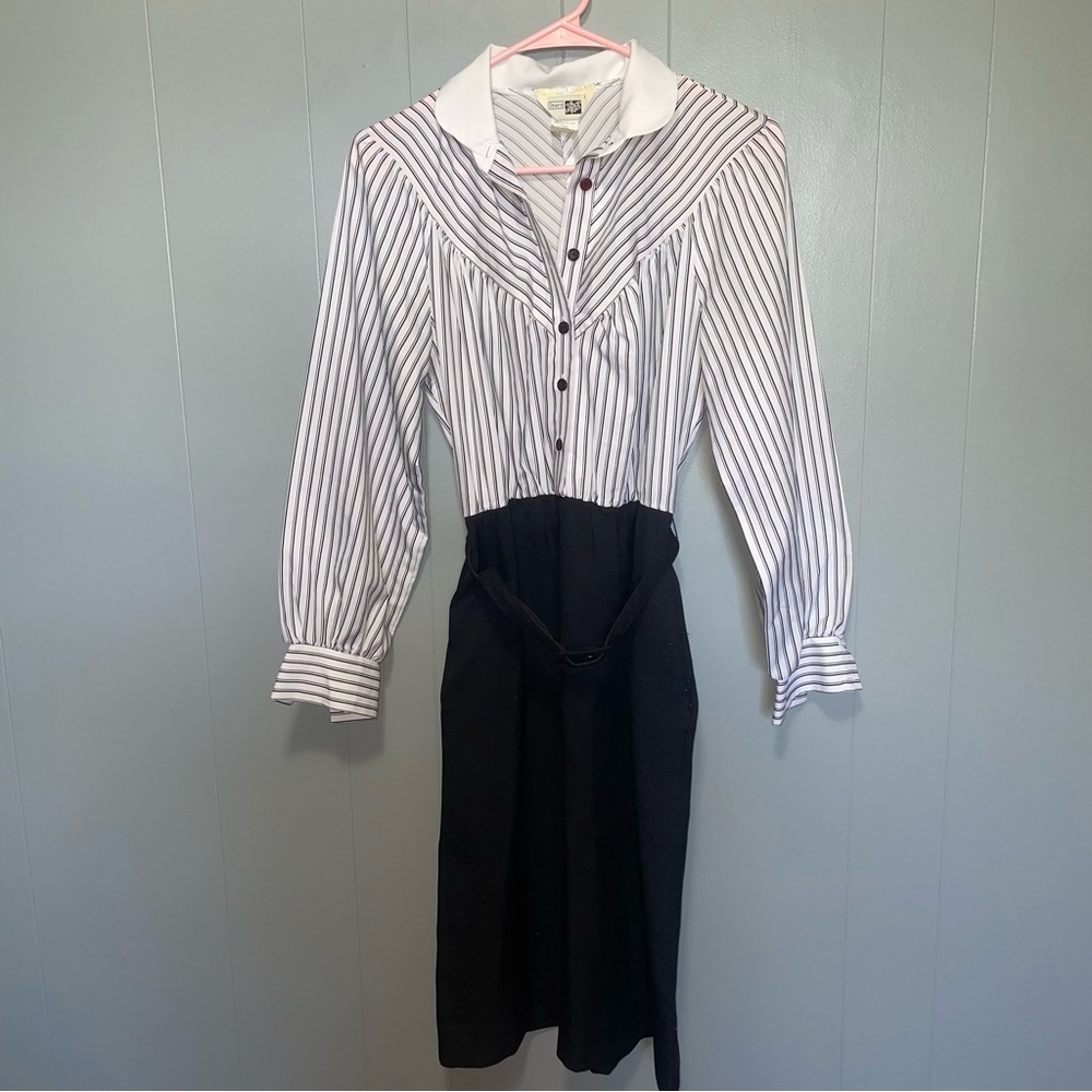 Vintage Sears Black and White Long Sleeve Belted Pencil Dress 10P